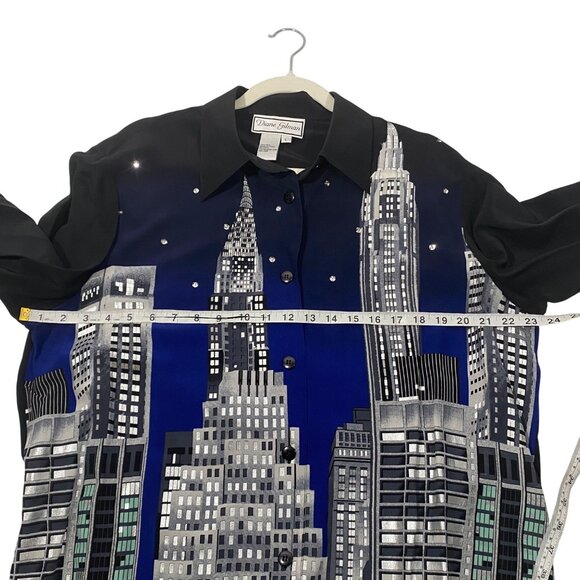 Diane Gilman vintage Silk Cityscape artsy sequin metallic Button-Up tunic top - Picture 6 of 9
